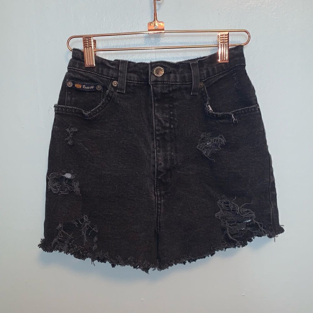 Vintage Route 66 High Waisted Black Distressed Denim Shorts